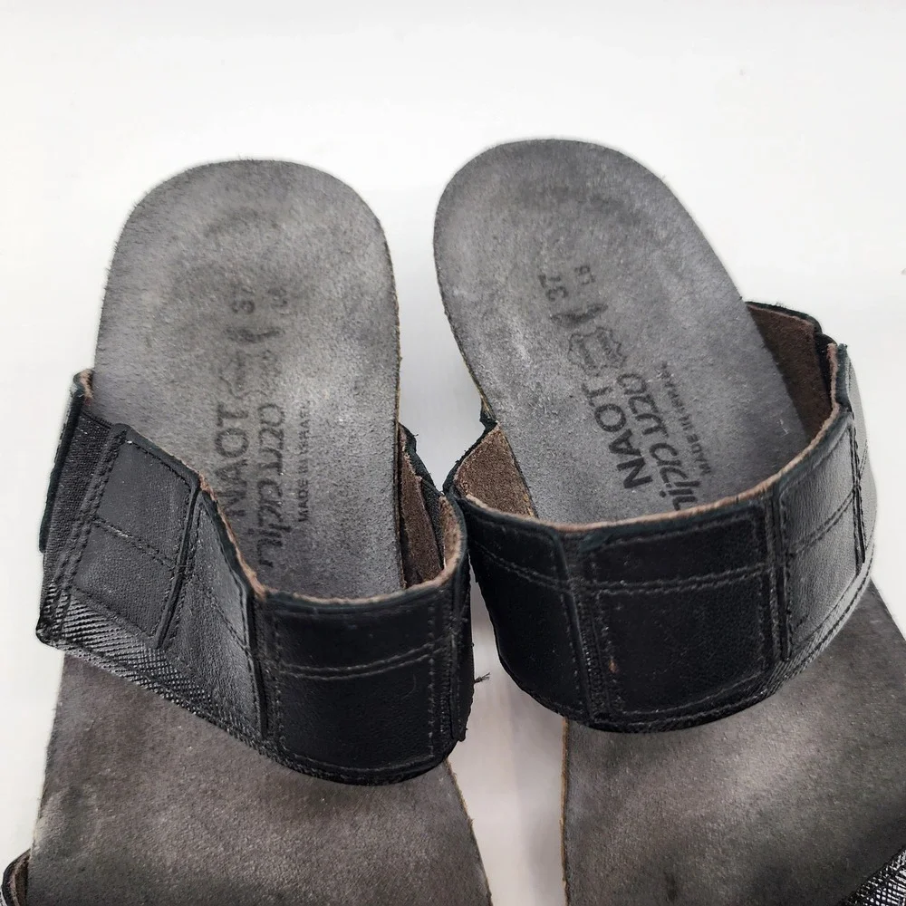 Naot Kayla Wedge Sandals Womens 37 US 6 Black Leather Cork Footbed